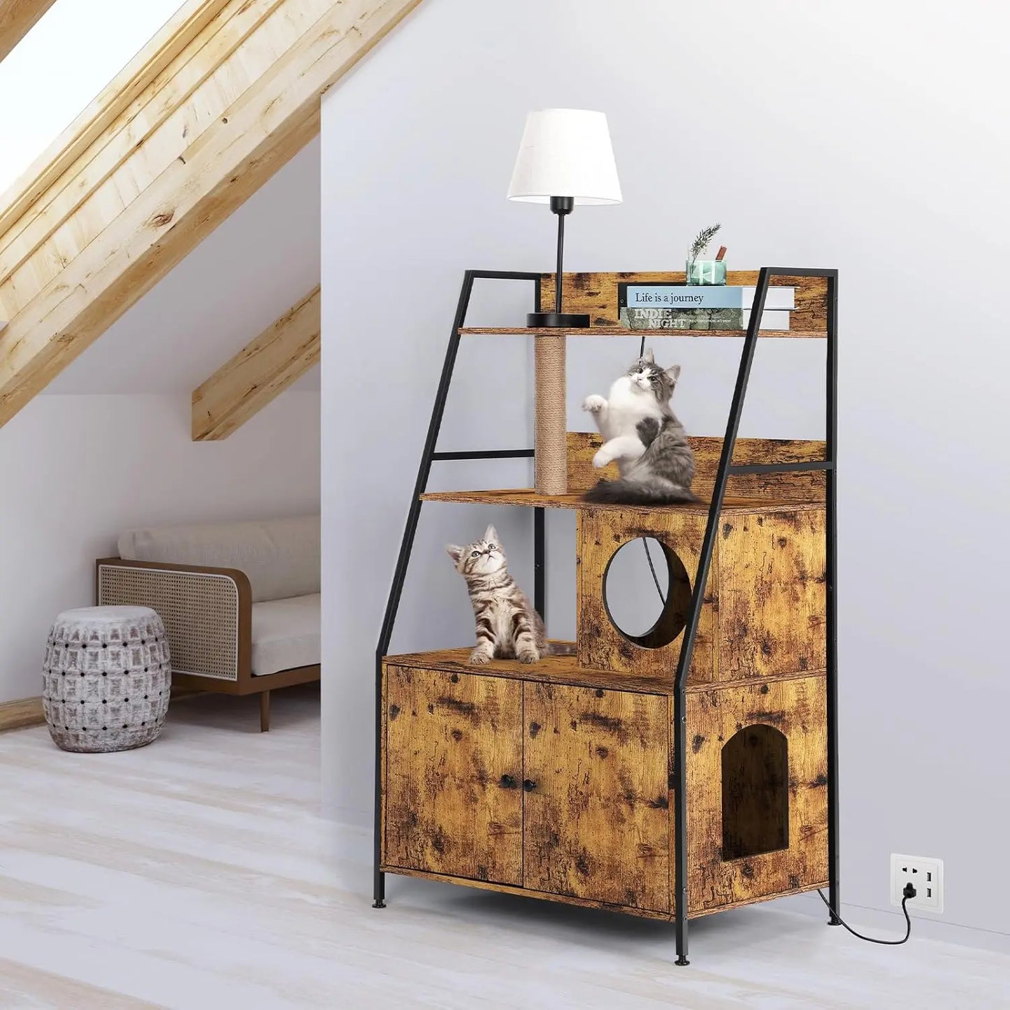Closure Cat Litter Box Enclosure With Storage Shelves Charging Station