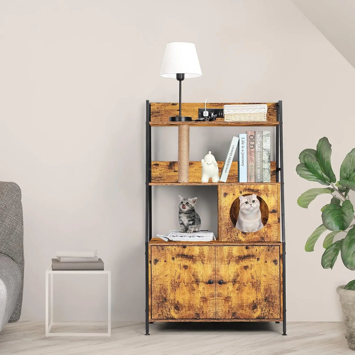 Closure Cat Litter Box Enclosure With Storage Shelves Charging Station