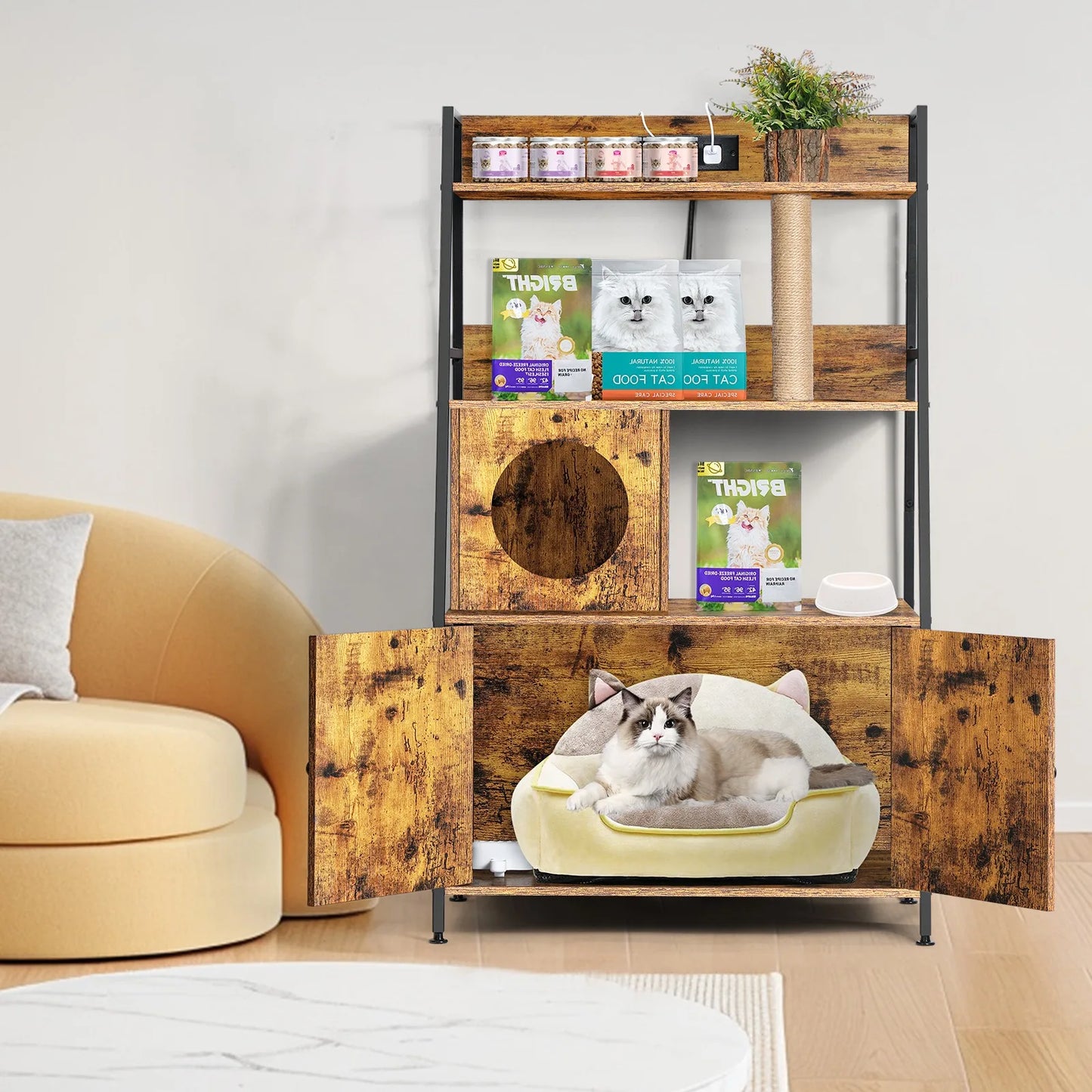 Closure Cat Litter Box Enclosure With Storage Shelves Charging Station