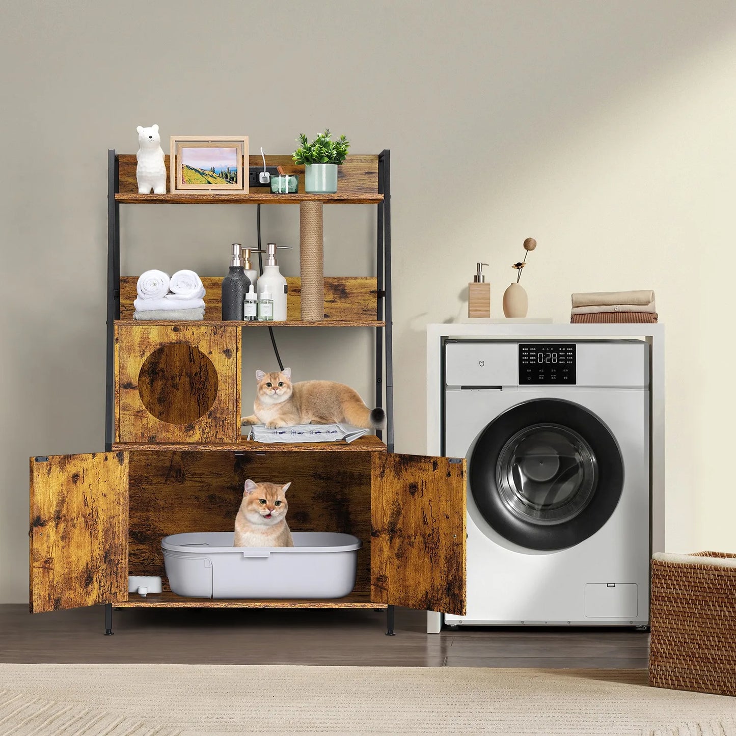 Closure Cat Litter Box Enclosure With Storage Shelves Charging Station