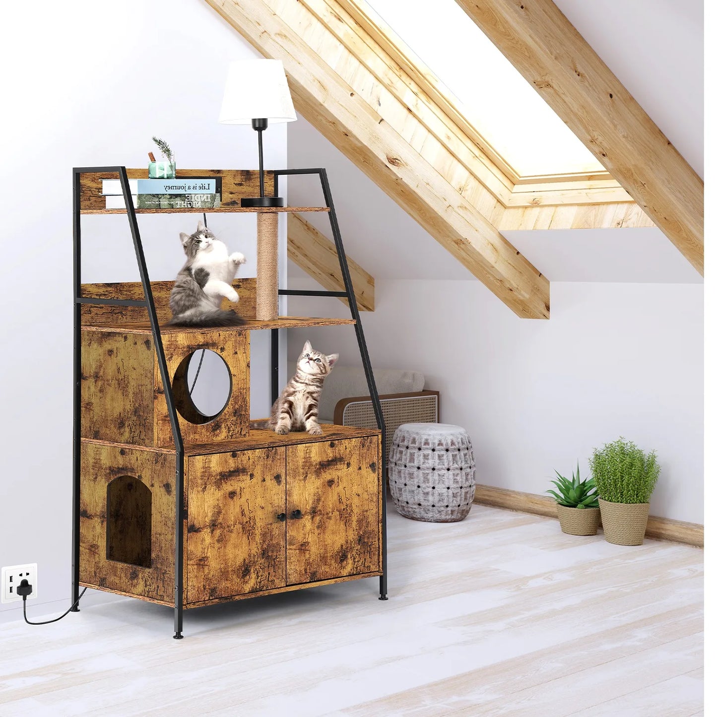 Closure Cat Litter Box Enclosure With Storage Shelves Charging Station