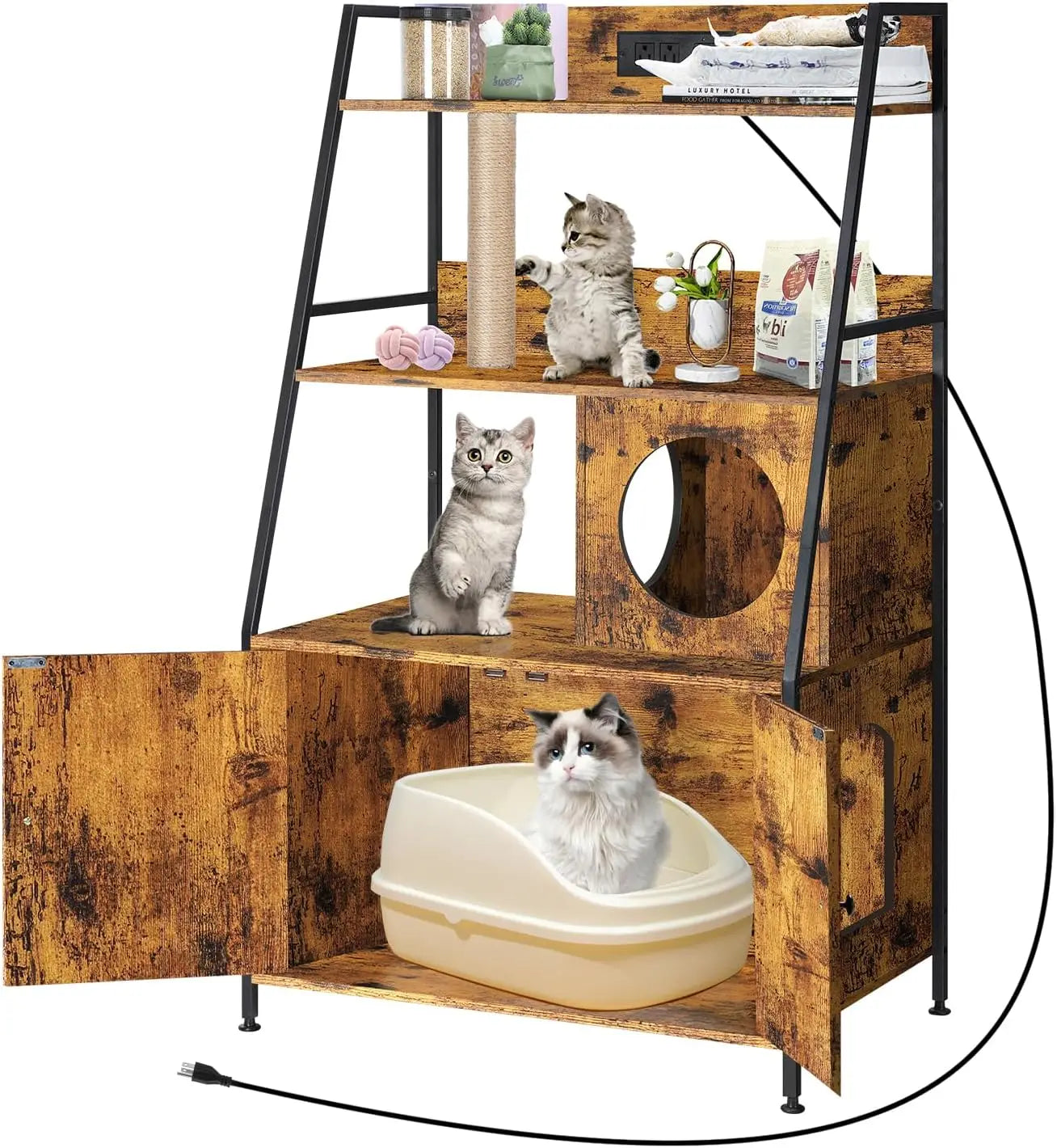 Closure Cat Litter Box Enclosure With Storage Shelves Charging Station