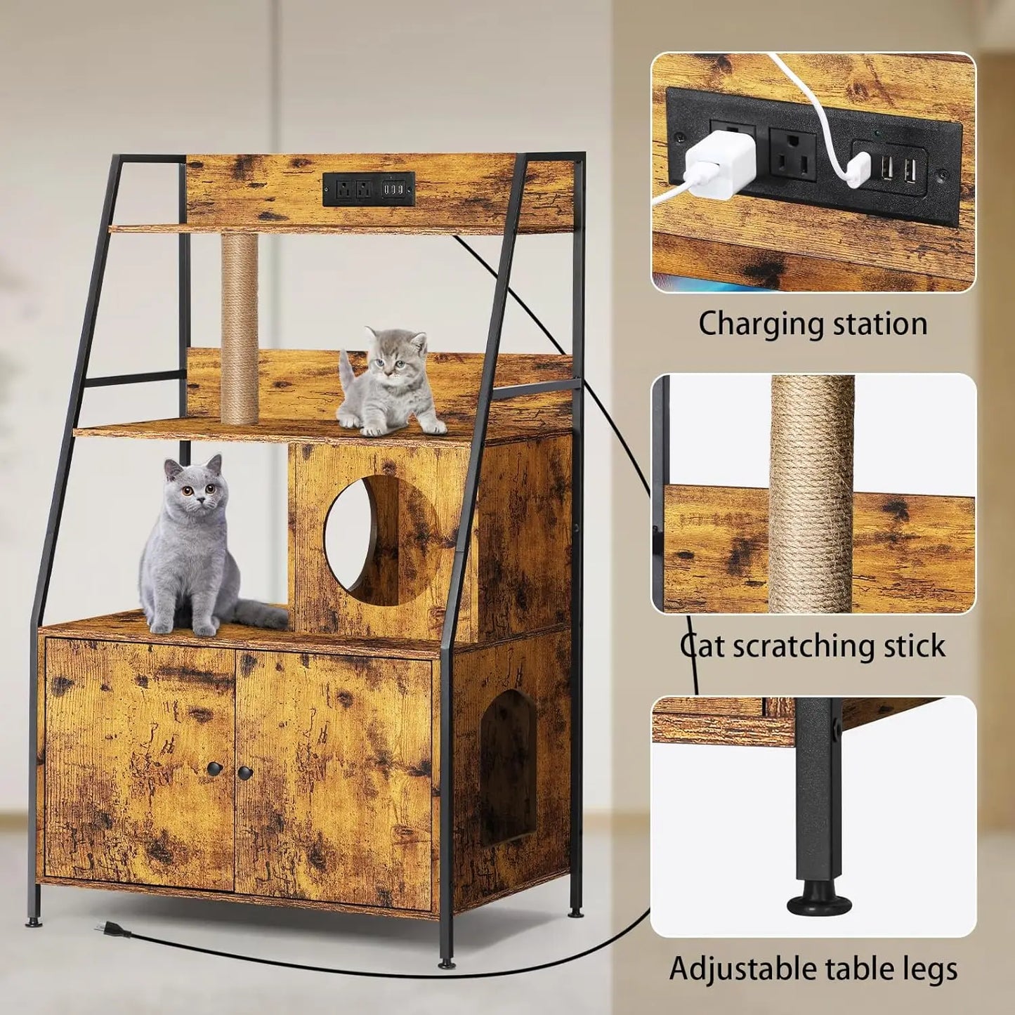 Closure Cat Litter Box Enclosure With Storage Shelves Charging Station